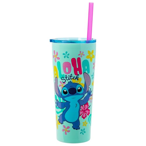 Image of Silver Buffalo Disney Lilo and Stitch Aloha Double Walled Tumbler with Straw, 22 Ounces