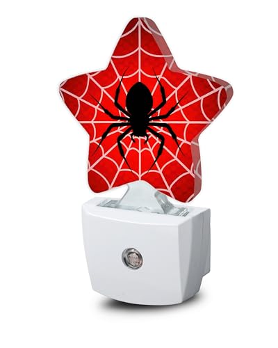 Halloween Red Spider Night Lights Plug Into Wall Spiderweb Star Night Light for Kids Nightlight with Dusk to Dawn Smart Sensor for Bedroom Bathroom Decor Children Women Men Gift