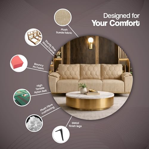 Image of Centuary Sleepables Modena Premium Sofa|Classy Quilted Suede Fabric Upholstery|Fiber-Filled Back Cushion|Wide Plush Fibrefilled Armrests|Ergonomic Lumbar Support |Warm Beige|3 Years Warranty