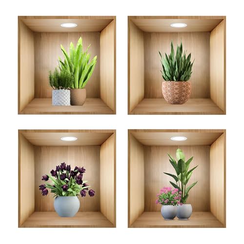 4 Stück Wandtattoo Pflanzen 3D Grüne Pflanze, Grüne Pflanzen Wandaufkleber 30CM X 30CM, Vinyl Wandabziehbilder Wandbilder mit Vase 3D Wandbilder für Wanddeko Wohnzimmer
