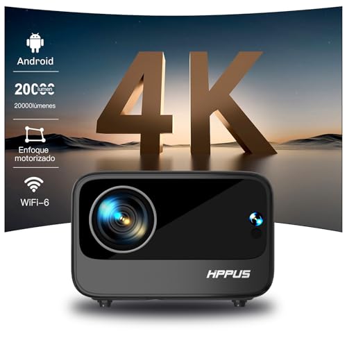 Proyector WiFi 6 Bluetooth 4K Soporte, 20000 Lúmen HIPPUS Proyector Full HD 1080P Nativo con Corrección Trapezoidal electrico, Proyector Móvil Cine en Casa para HDMI/USB,Gris de Hierro