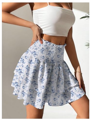 Floerns Women's Floral Print Shirred High Waist Layered Hem Boho Short Skirts3