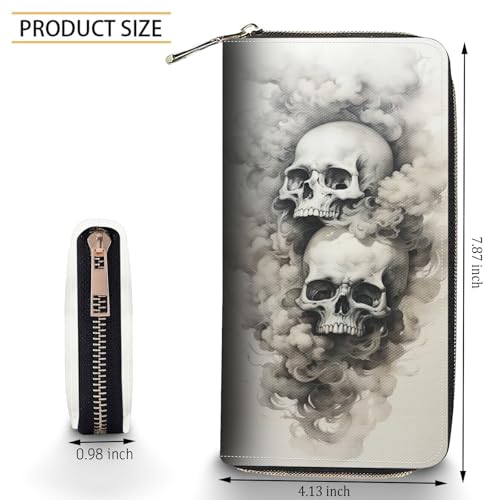Bxgolkgd Womens Wallet, RFID Blocking Leather Wallet,Large Capacity Wallet Credit Card Holder PU Leather Ladies Clutch with Zipper Coin Pocket - Smoke Skull2