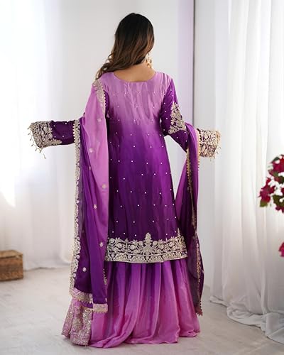 Image of Pandadi Saree Women's Chinon Silk Embroidery Kurta Sharara Set With Dupatta.