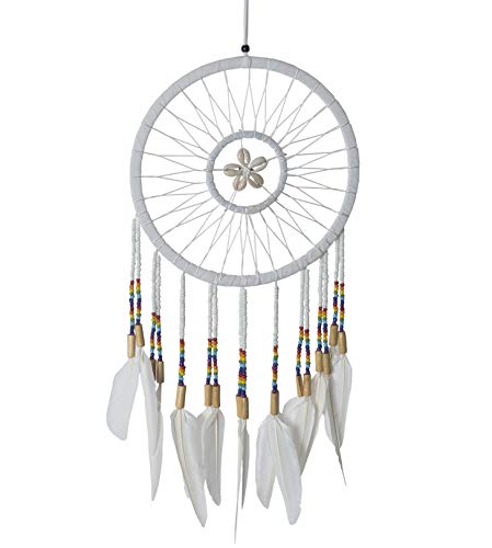 OMA Dream Catcher White Feather Traditional Native American Style Dreamcatcher with Real Shells & Multi Color Glass Beads Intricate Design - 26