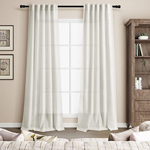 Image of 38 inches Wide Cream Linen Back Tab Curtains 84 Inch Length for Living Room 2 Panel Set Neutral Modern Farmhouse Window Curtain Privacy Semi Sheer Linen Drapes Rustic Curtain Natural Ivory Colored