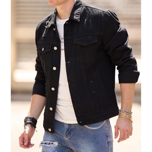 Denim Jacket for Men Ripped Holes Button down Denim Jacket Classic Casual Slim Fit Long Sleeve Fashion Solid Jackets4