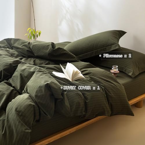 BDEAR 3 Pieces Pinstripe Duvet Cover King Size 104''W x 90'' L, 100% Washed Cotton Olive Green and Black Striped Duvet Cover with Zipper Closure Plus 2 Pillowcases, Oeko TEX Standard Certificated by BDEAR - Used condition - Image 3