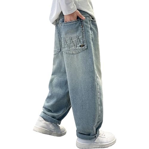 Boy's Baggy Jeans Y2K Wide Leg Straight Denim Pants Kids Casual Elastic Waist Loose Trousers Pockets Streetwear 4-14T