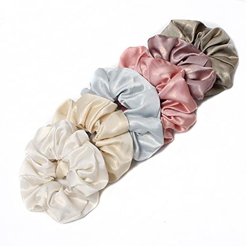 6PK Shiny Fabric Hair Scrunchies for Women Girls Medium Solid Elastic Hair Bands Hair Ties Ropes Ponytail Holders Rubber Bands Hair Accessories (Color B)