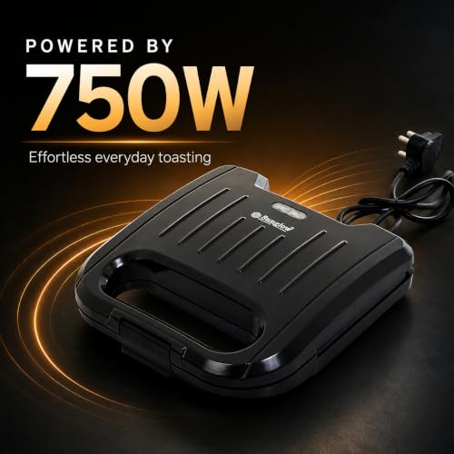 Image of Sunglow Crystal 750 Watt Sandwich Maker, Electric Toaster with Ribbed Grilling Plates, Indicator Lights, Scratch Resistant, 180 Open Griller, Auto Cutoff, 1 Year Warranty, 2 Slices, Black