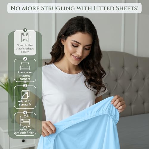 Image of Royale Linens 100% Organic Cotton King Fitted Sheet Only - Percale Weave - Super Soft Deep Pocket Bottom Sheets - Lake Blue Elastic Sheet - King Size Fitted Sheets Only - (78 inchx80 inch+15 inch, Lake Blue)
