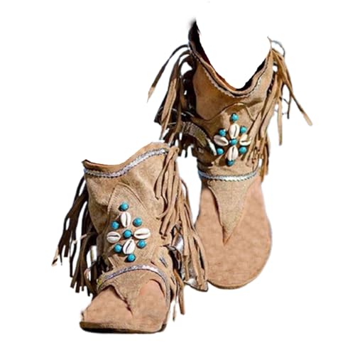 Tongs à pampilles pour femmes FGRID en daim beige, sandales plates bout clipsé taille 36