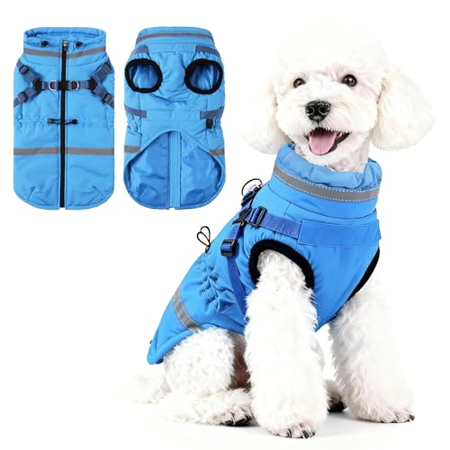 Poseca Hundemantel mit Geschirr wasserdichte Hundejacke Reflektierend und mit Reißverschluss Schneeanzug für Kleine und Mittelgroße Hunde