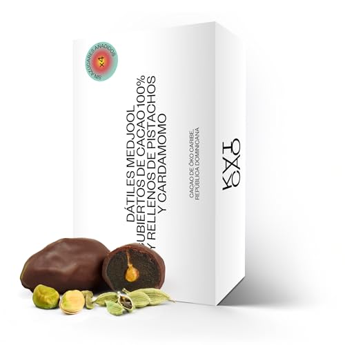 Kaicao Dátiles Medjool - Rellenos de Pistacho y Cardamomo, Cubierto con Chocolate 100% Cacao Origen Oko, República Dominicana - Sin Azúcar Añadida - Snack Saludable - Dátil - Pack de 4 Dátiles