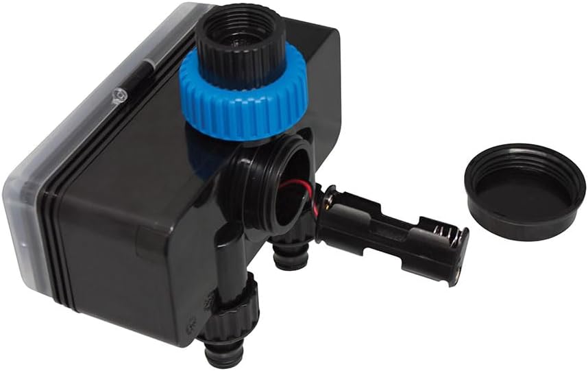 AQUA CONTROL C5005 programmer with battery compartment open, showing where to insert AA batteries.
