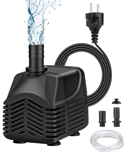 Wasserpumpe Klein Tauchpumpe 25W 1000L/H Pumpe mit 2,5m Kabel, 1,5m Schlauch und 2 Düsen für Aquarien, Gärten, Brunnen, Teich