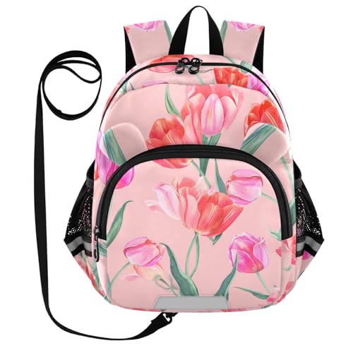 Tulips Floral Lightpink Toddler Harness Backpack for Boys Girls 3-6 Years Kids Backpack with Anti Lost Safety Leash Baby Protection Backpack for Travel Preschool Walking