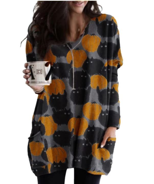 Women's Hoodie Autumn Winter Sweatshirt Crewneck Shirt Cats Graphic Printed Long Sleeve Round Neck Pullover Shirt Pumpkin Black Cat Pumpkin Devil Sweatshirt