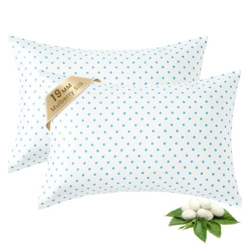 Image of THXSILK Set of 2 Mulberry Silk Pillowcase for Hair and Skin, Cooling Bed Pillow Cover with Hidden Zipper, Soft Smooth Print Silk Pillowcase Gifts for Women Men (King 20 inchx36 inch, Blue White Polka Dot)