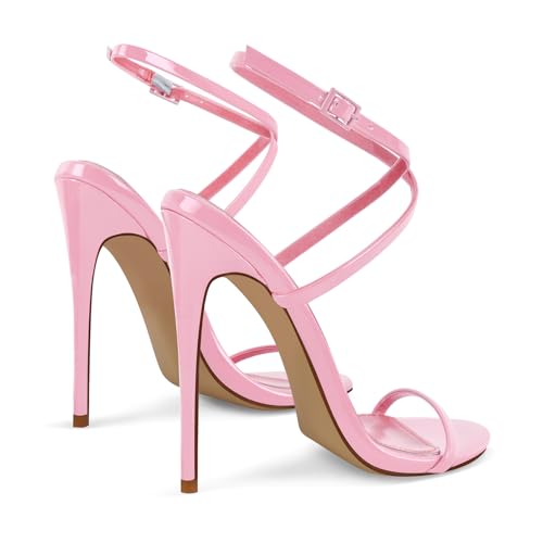 Image of Strappy High Stiletto Heels, Ankle Strap Buckle Heeled Womens Sandals, Sexy Comfort Open Round Toe Heels for Daily Party Dress