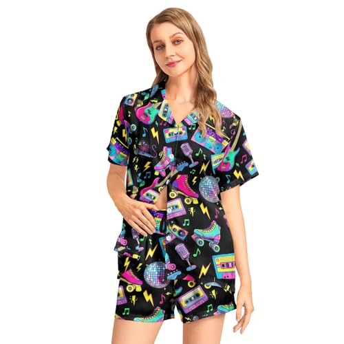 Image of Funny Pajamas for Women Set Print Satin Loungewear Pjs Short Sleeve Button Down Top and Shorts Sets Sleepwear XS-3XL