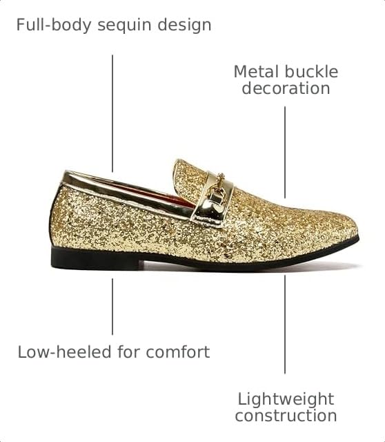 Image of Men Loafer Metallic Textured Slip-on Glitter Sequins Fashion Wedding Dress Shoes Golden