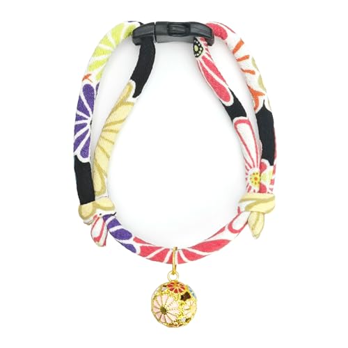 PetsMeow Breakaway Cat Collar with Chrysanthemum Bell, Cute Japaness Chirimen Kitten Collar for Girl and Boy Kitty