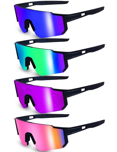 Lot de 4 paires de Lunette de Cyclisme Velo UV 400, Lunettes de Soleil pour Femme Homme, Vélo de course, ski, rave (Cadre Noir)