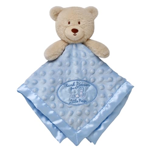 Image of Plush Bear Snuggle Blanket with Thank Heaven Embroidery and Satin for Baby, 14 inch, Blue
