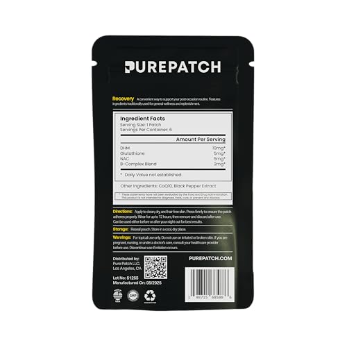 Image of Recovery Patch - Plant-Based Vegan Topical Patch - DHM - NAC - Glutathione - B-Complex - Non-Ingestible - Water-Resistant - Gentle on Skin - Gluten Free - Made in USA - 30 Patches