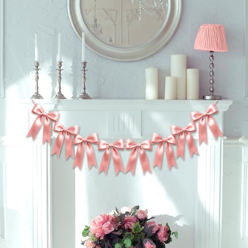 Image of 2 Strings of 16PCS Rose Gold Pink Bow Garlands Banner Decoration,Pre-Strung Satin Ornaments for Birthday,Bachelorette Party,Bridal Shower,Wedding,Engagement,Baby Shower,Graduation Decor,Anniversary