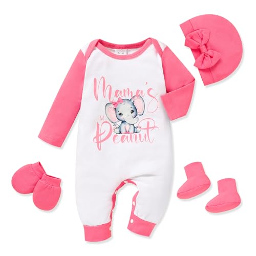 Image of Sinhoon Newborn Baby Girl Romper Infant Letter Print Bodysuit Jumpsuit+Hat+Gloves+Socks 4Pcs Coming Home Clothes Outfit