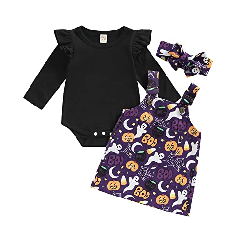 Déguisement Bébé Fille Halloween Costume Jupe Porte-Jarretelles Imprimée Citrouille/Fantôme+Barboteuse + Bandeau Tenue Halloween Ensemble 3 Pièces (Noir, 6-9 Mois) Cover
