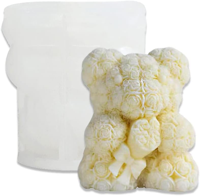 HOVAVADO 3D Rose Bear Silicone Molds, Valentine's Day Wedding Molds for Candle Making, DIY Resin Casting Mold Soy Wax Candle Mold for Concrete DIY