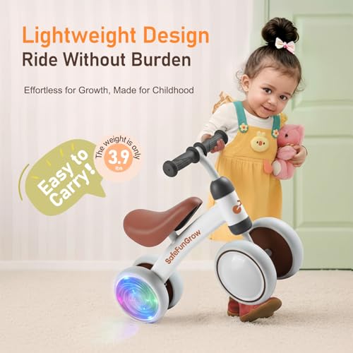 Image of Colorful Lighting Baby Balance Bike Toys for 1 Year Old Girl Gifts, Balance Bike 1 Year Old No Pedal, 12-24 Months Toddler Ride on Toys with 4 Silent Wheels & Soft Seat, 1st Birthday Gifts, White