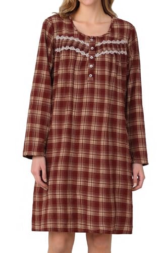 AVIIER Long Sleeve Nightgowns for Women Soft Cotton Night Gwon with Pockets Brown red pattern L