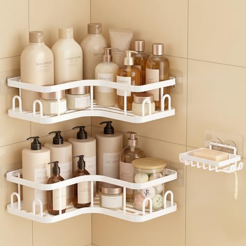 Image of Veken Corner Shower Caddy 3-Pack, Advanced Rustproof Design&Stable Storage | No Drilling Adhesive Shelves, Rack with Soap Holder & Hooks, Thickened Metal Frame, Bathroom Organizers and Storage, White