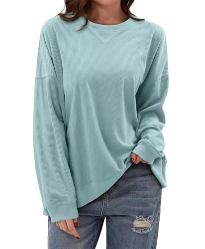 KISSMODA Womens Casual Long Sleeve Sweatshirts Color Block/Solid Tops Corduroy Crewneck Tunic Pullover with Pockets