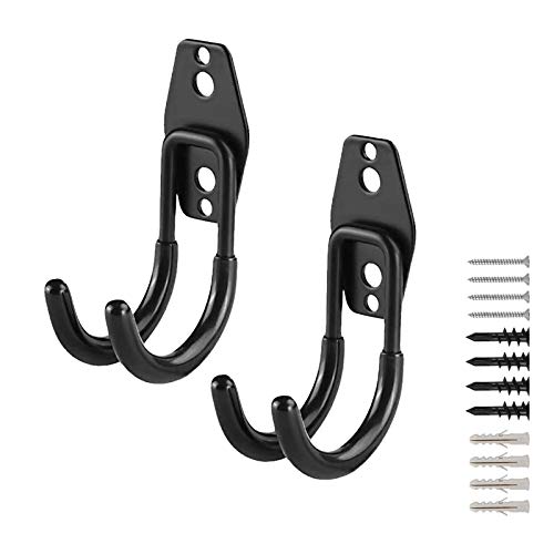 LIIBOT 2 Pack Garage Hooks with Heavy Duty Steel Storage Tool Hangers for Garage Wall Mount Utility Double Hooks with Anti-Slip Coating for Bike Garden Tools Ladders Bulky Items (S, J-Shaped, Black)