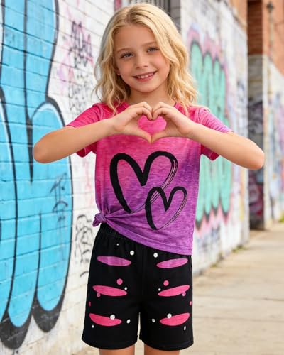 Image of Kids Girl Clothes Tie Dye Heart Print Short Sleeve Top and Shorts Toddler Girl Summer Outfits Short Set