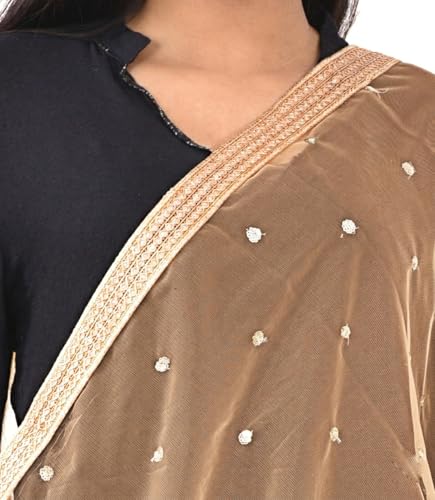 Image of YOUTHQUAKE Women's Net Embroidered Full Size Dupatta With 4 Side Golden Lace