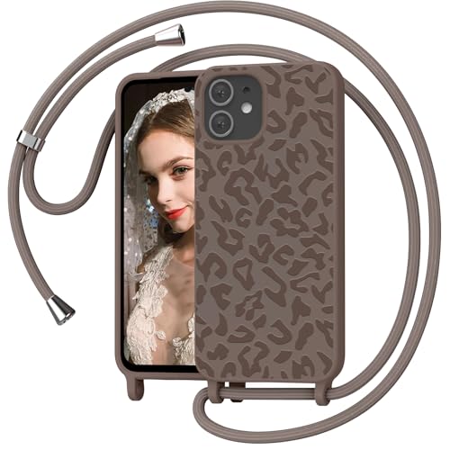 Mosoris Handyband für iPhone 12 Mini/13 Mini Hülle mit Band Leopardenmuster Silikon Handyhülle mit Kette Necklace Schutzhülle zum Umhängen Kordel Liquid Silikon Case für iPhone 13 Mini Kahki