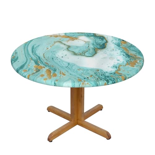 cfpolar Turquoise Marble Texture Round Fitted Tablecloth with Elastic Edge, Waterproof Wipeable Round Table Cover Cloth for Indoor Outdoor Party Dinner Fits Diameter 45-50 Inch Round Table