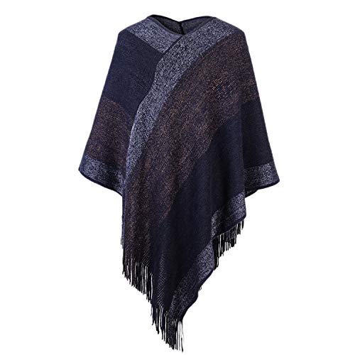 Image of Women's Elegant Knitted Shawl Poncho with Fringed V-Neck Striped Sweater Pullover Cape Gifts for Women Mom