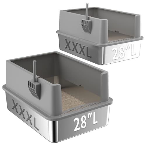 Jotesnew 2 Pack 28" Extra Large XXL Stainless Steel Cat Litter Boxes with Lid Metal Cat Litterbox Pan for Big Cats and Multiple Cats, Anti-Leakage, Easy Cleaning, Include Scoop