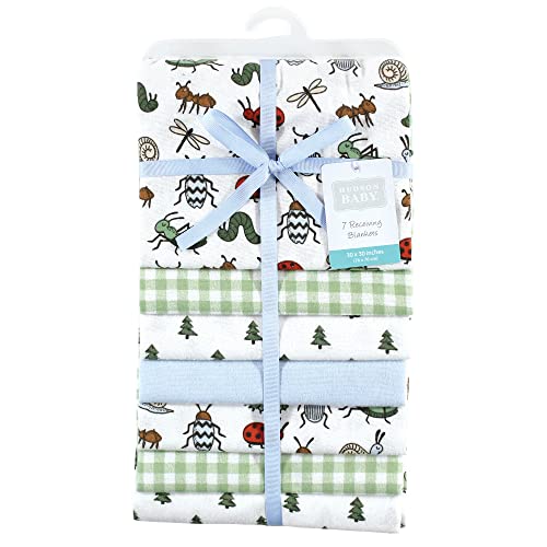 Image of Little Treasure Hudson Baby Cotton Poly Flannel Receiving Blankets Multipack, Green Bugs, 30x30 inches
