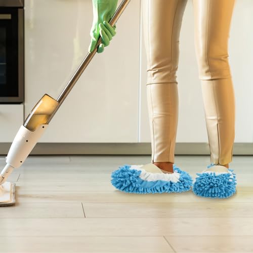 Image of MECCANIXITY Mop Slippers Washable Microfiber Floor Cleaning Shoes Cover Chenille Duster Foot Socks Tools for House Clean, Blue 2 Pack