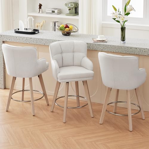 SAECKBERG 360°Swivel Counter Height Bar Stools with Back, 26 inch Solid Wood Legs, Bar Stool Modern Kitchen Island Chairs, Fabric (Beige- Fabric, 26