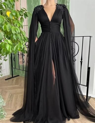 Women's Tulle Prom Dresses with Cape V Neck Lace Applique Ball Gowns Long Slit Formal Evening Dresses with Pockets2
